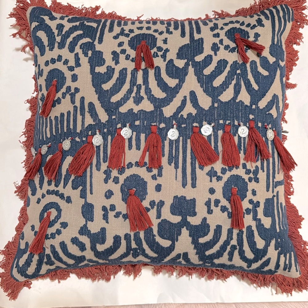 Unique Bohemian 18” x 18” Pillow Maroon Blue Taupe Decorative Coins and Tassels
